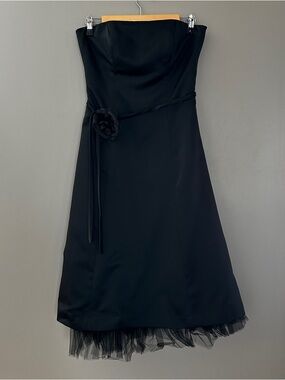 Dessy Collection Black Strapless A-Line Dress with Rosette Waist